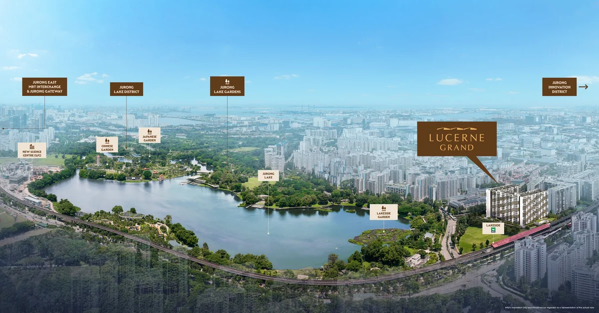 Lucerne Grand aerial view showing the site beside Lakeside MRT and Jurong Lake Gardens, with labelled landmarks