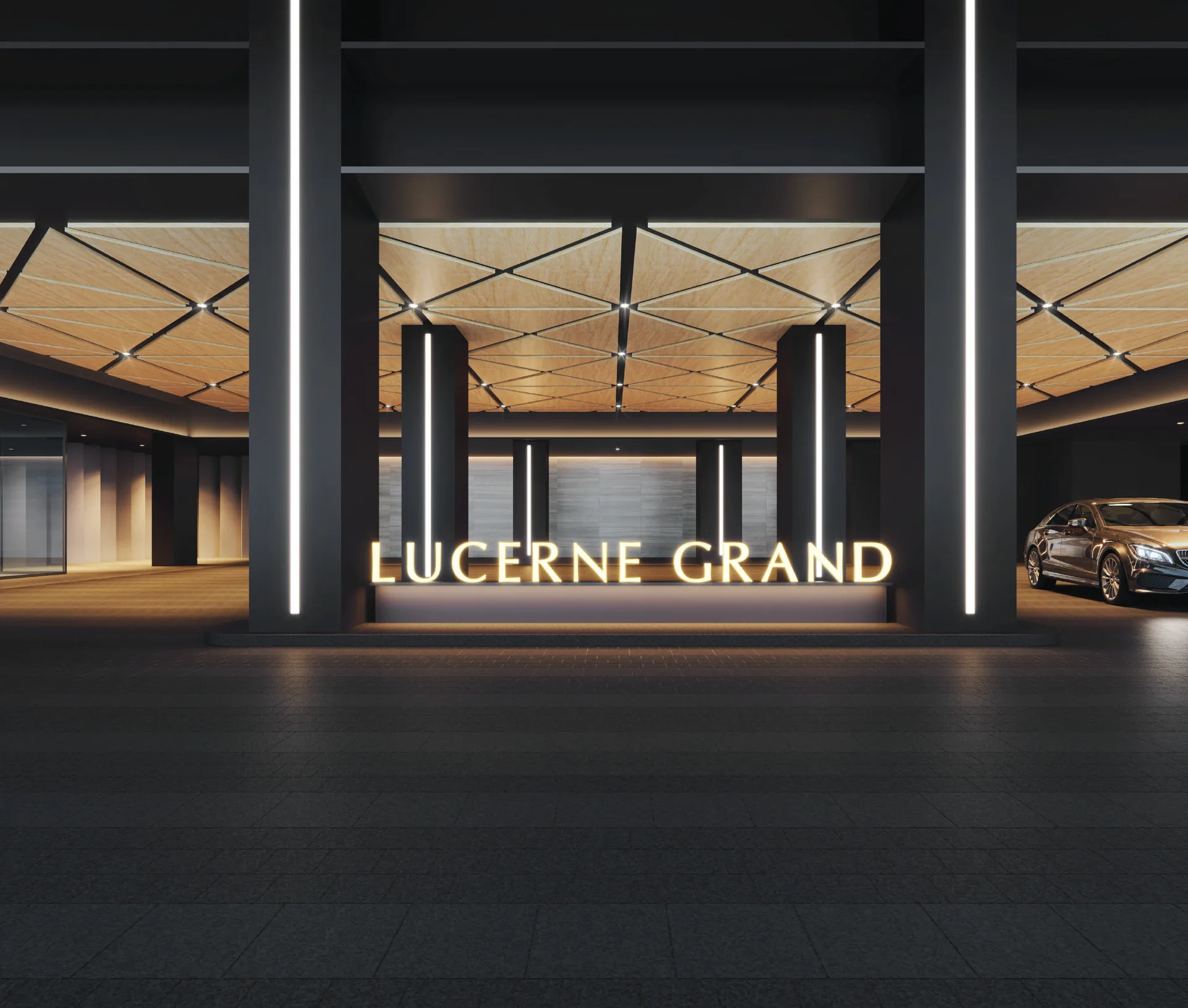 Lucerne Grand arrival drop-off with the illuminated project name — artist's impression