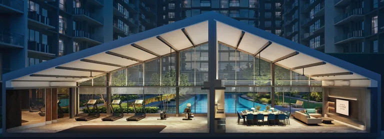 Lucerne Grand Club Lucerne clubhouse with gymnasium, lounge and pool view — artist's impression