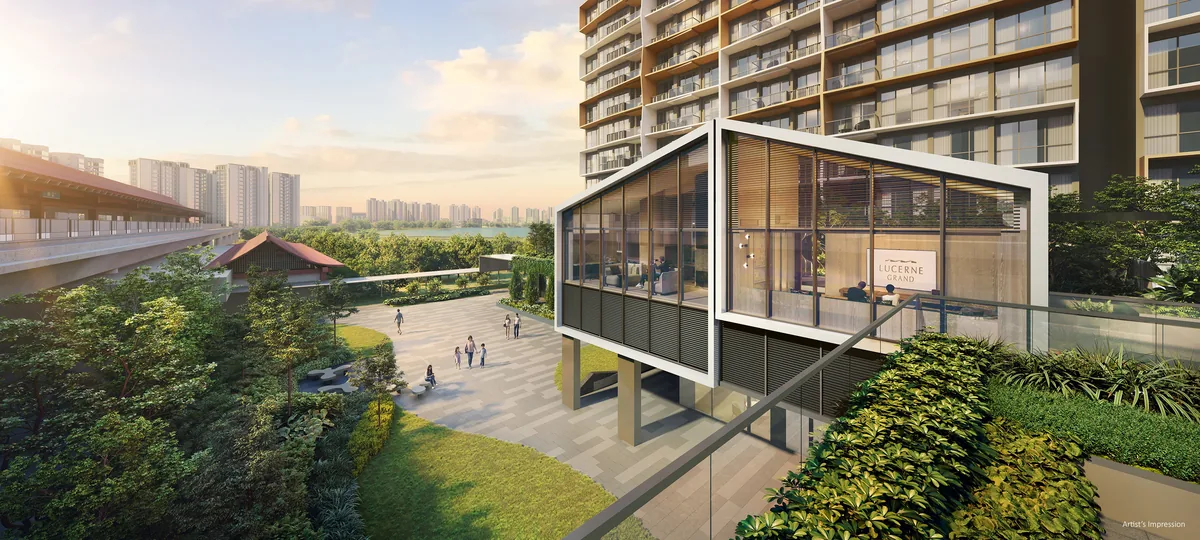 Lucerne Grand community plaza beside Lakeside MRT station, with the residential towers behind — artist's impression