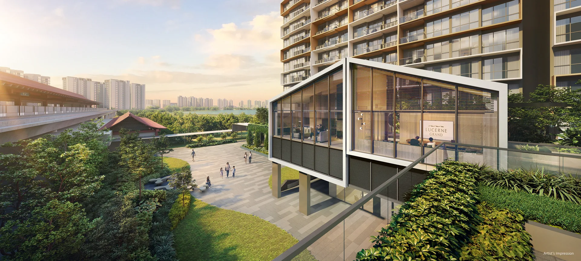 Lucerne Grand community plaza beside Lakeside MRT station, with the residential towers behind — artist's impression