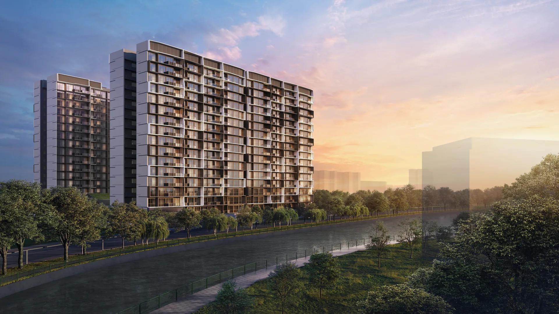 Lucerne Grand residential blocks along the Jurong River promenade at dusk — artist's impression