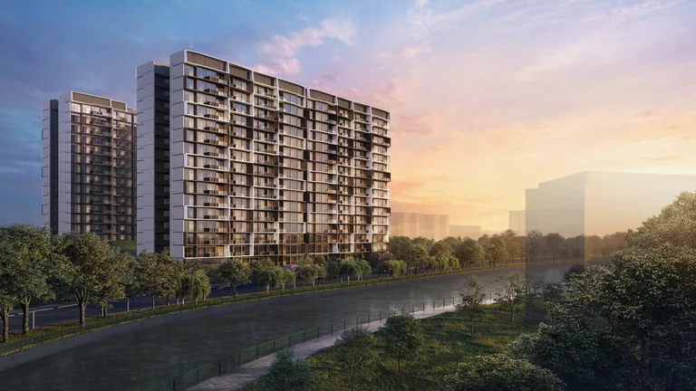 Lucerne Grand residential blocks along the Jurong River promenade at dusk — artist's impression