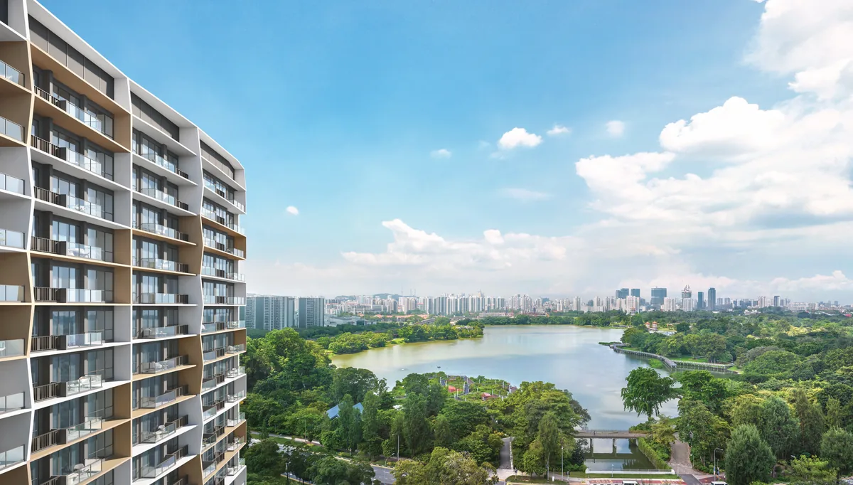 Lucerne Grand facade overlooking Jurong Lake and Jurong Lake Gardens — artist's impression