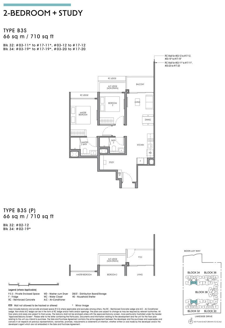 Lucerne Grand floor plan, Type B3S, 2-Bedroom + Study, 66 sq m / 710 sq ft
