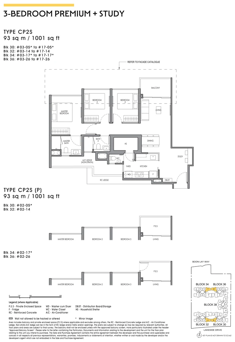 Lucerne Grand floor plan, Type CP2S, 3-Bedroom Premium + Study, 93 sq m / 1,001 sq ft
