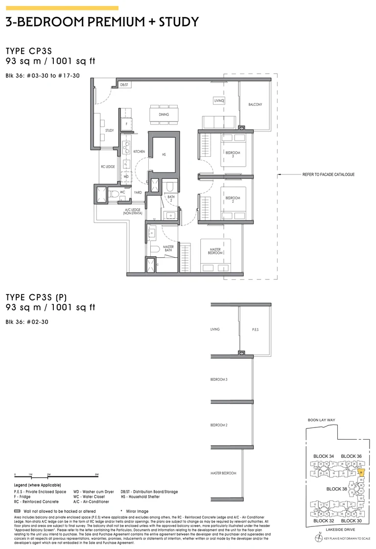 Lucerne Grand floor plan, Type CP3S, 3-Bedroom Premium + Study, 93 sq m / 1,001 sq ft