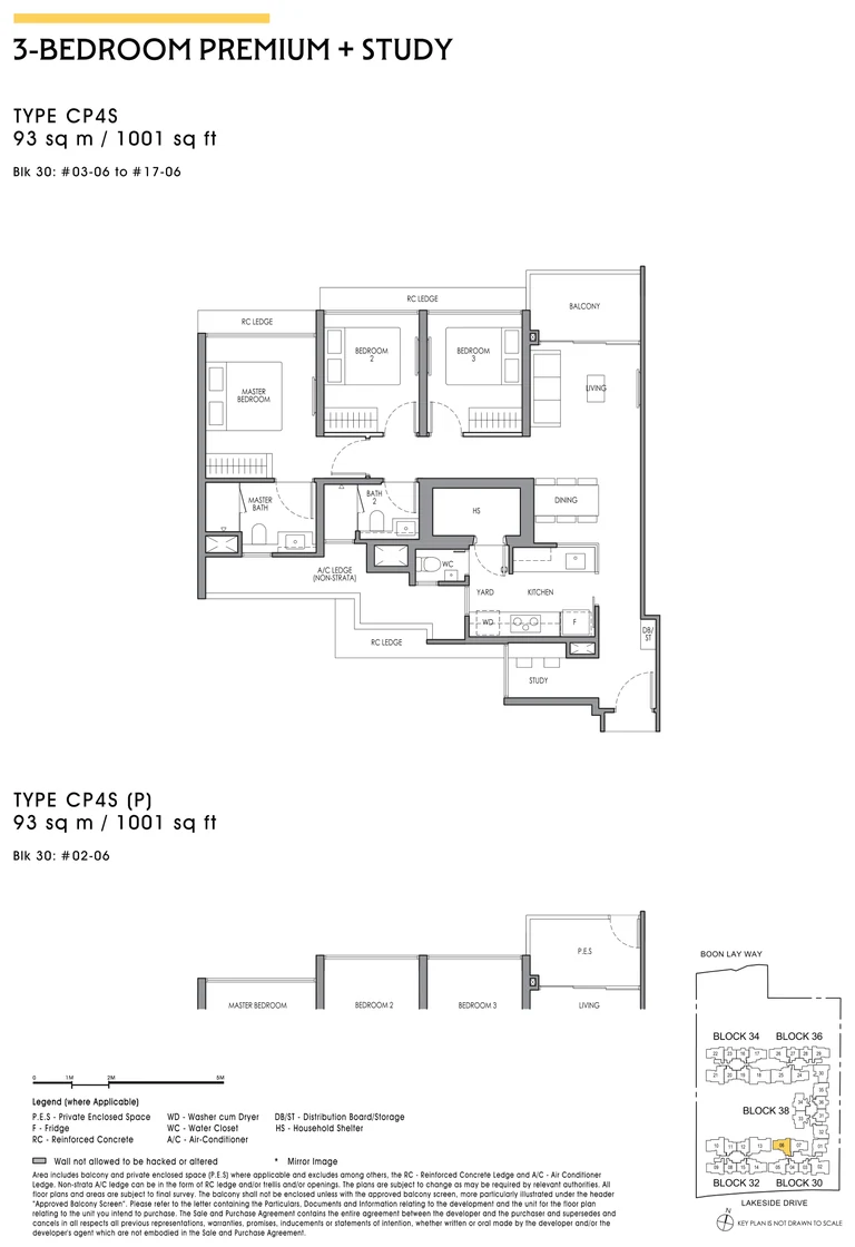 Lucerne Grand floor plan, Type CP4S, 3-Bedroom Premium + Study, 93 sq m / 1,001 sq ft