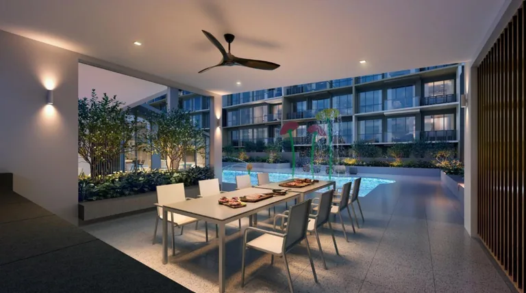 Lucerne Grand Gourmet Pavilion with poolside dining table — artist's impression