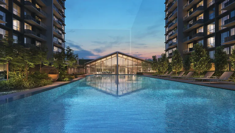 Lucerne Grand crescent lap pool leading to Club Lucerne at night — artist's impression