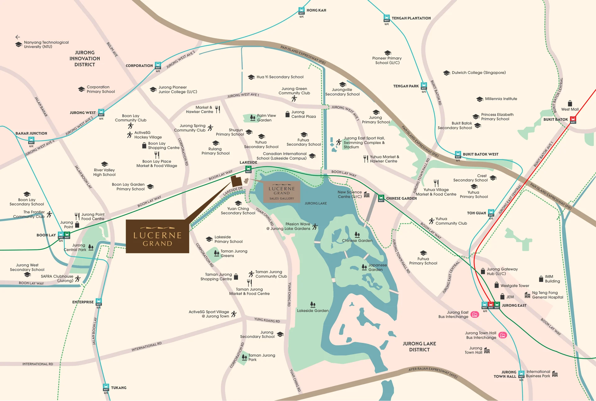 Lucerne Grand location map with MRT lines, expressways, schools, malls and parks around Lakeside Drive