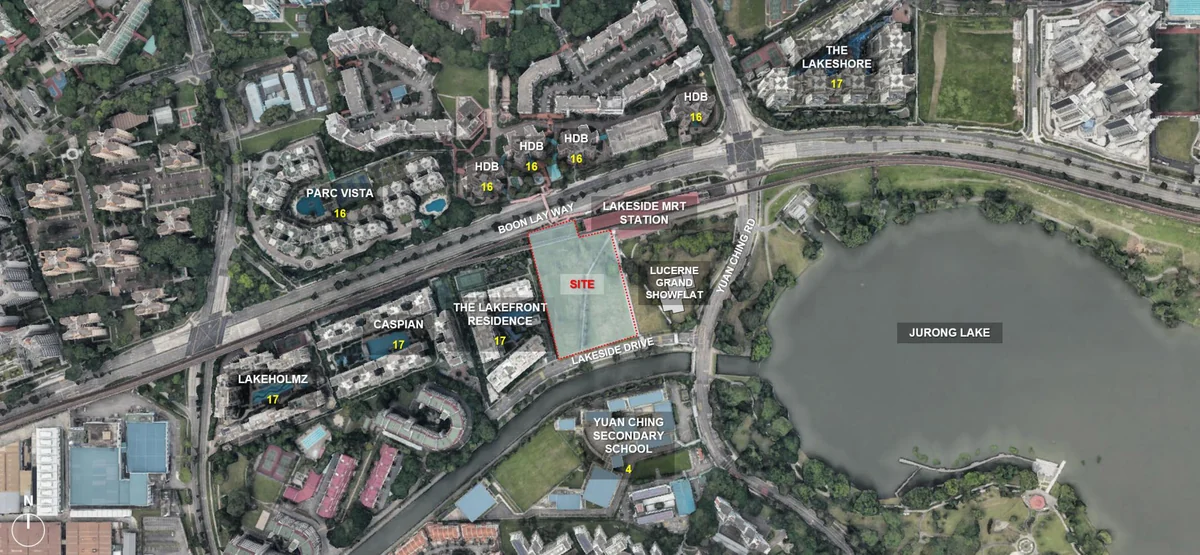 Lucerne Grand site context aerial showing Lakeside MRT, Jurong Lake and neighbouring developments with indicative storey heights