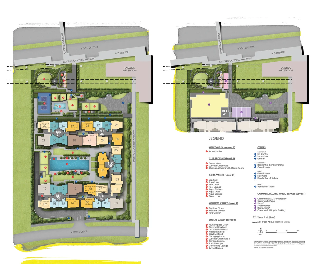 Lucerne Grand site plan and facilities legend across the Wellness, Aqua and Social Valleys